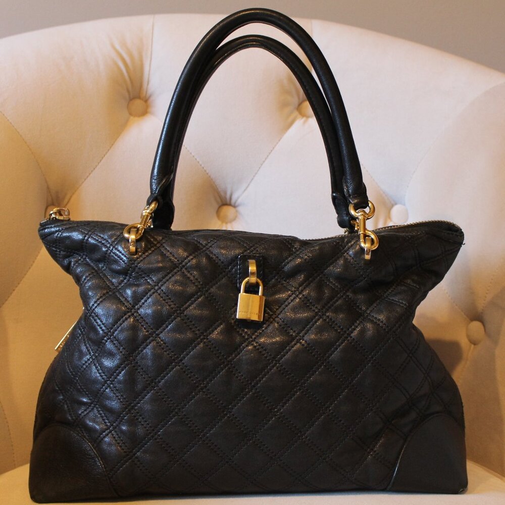 Marc Jacobs Quilted Italian Leather East West Satchel Expandable Gold MJ lock